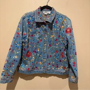 Chico's Blue Denim Jacket with Multicolor Floral Embroidery